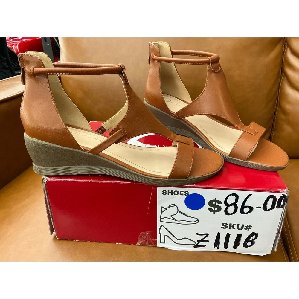 Journee Trayle Wedge Sandals Womens 7.5 Tan  T-Strap Ankle Zip